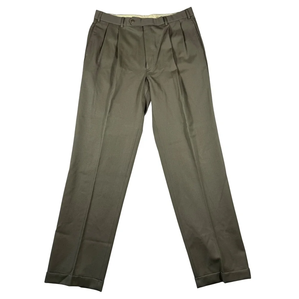 Brooks Brothers Mens 100% Wool Pleated Cuffed Dress Pants Taupe Brown 36L